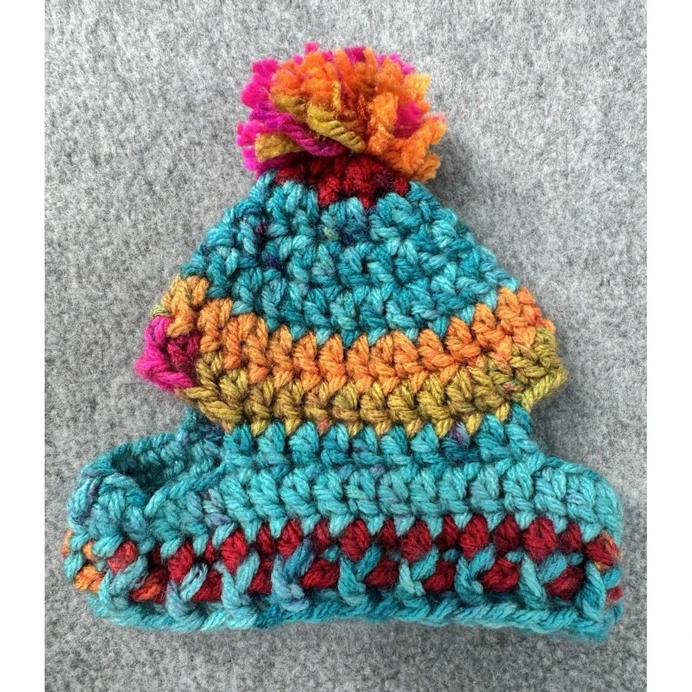 Dog Sweater & Hat Set Small Teal Multicolor‎ Handmade Crochet Pom Pom Puppy